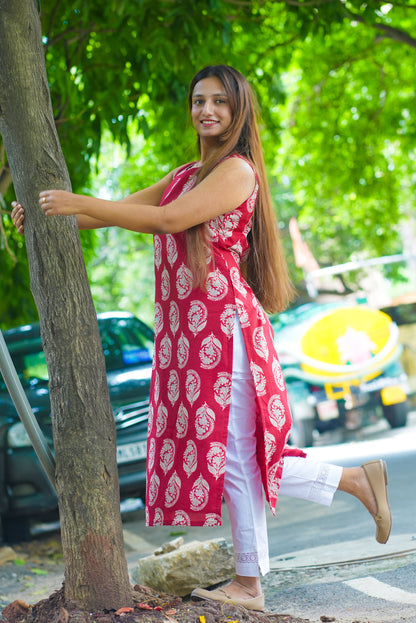 Red Straight Cotton Kurta