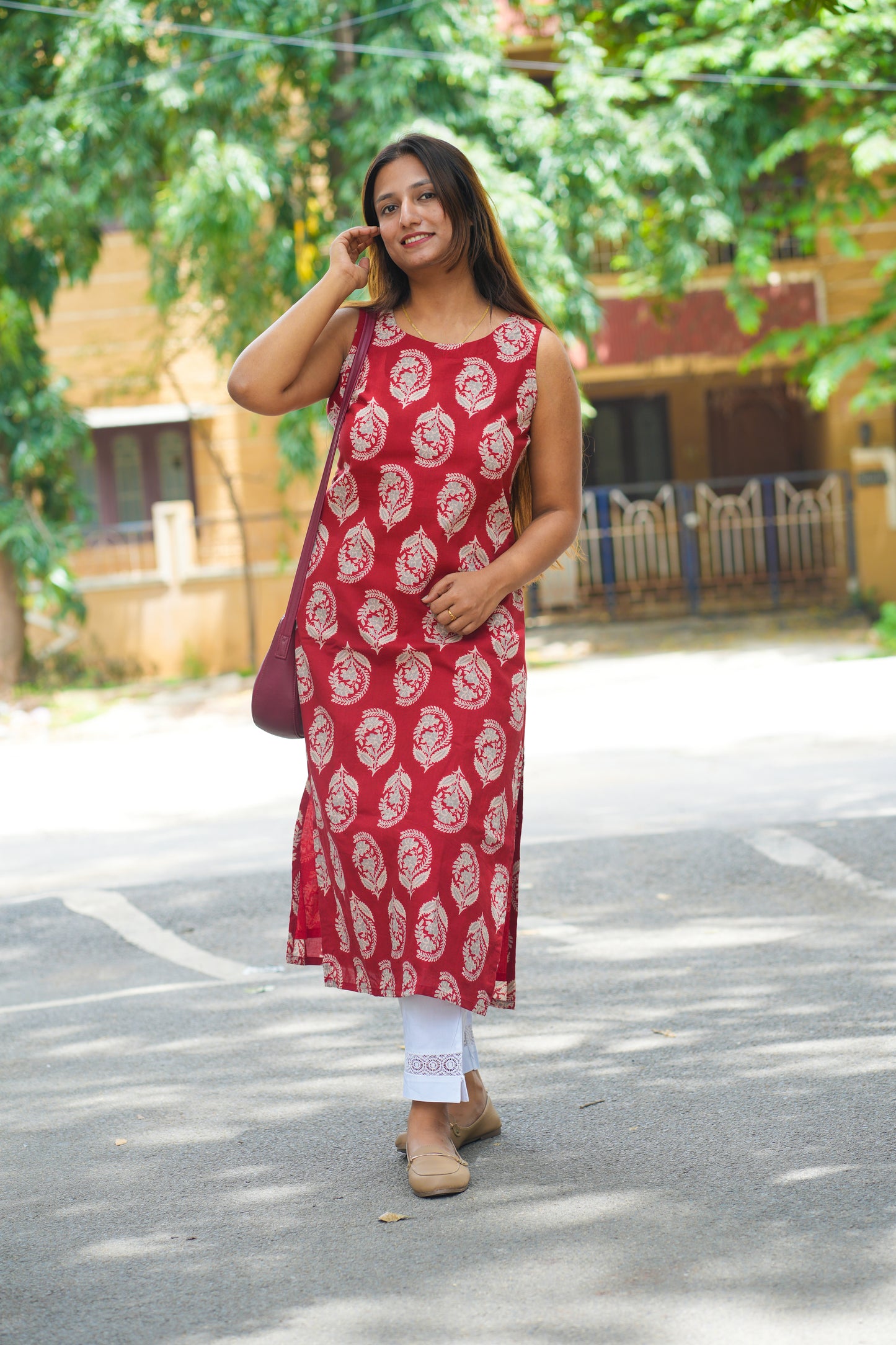 Red Straight Cotton Kurta