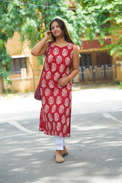 Red Straight Cotton Kurta