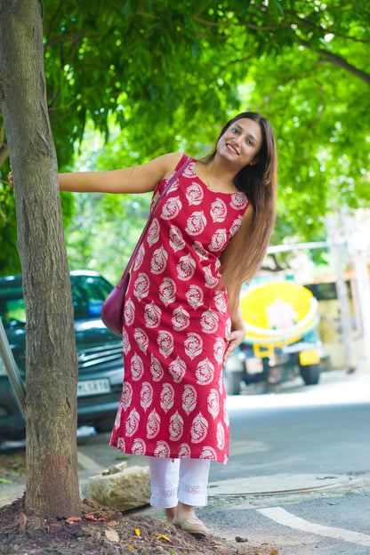 Red Straight Cotton Kurta